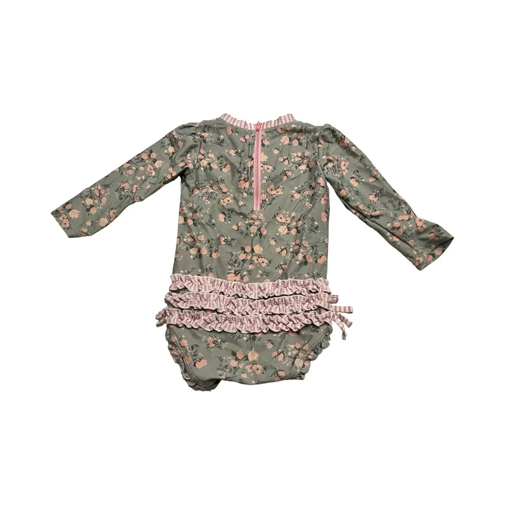 RuffleButts Kids Sage Green Floral Long‎ Sleeve Ruffle One Piece Swimsuit 18-24M